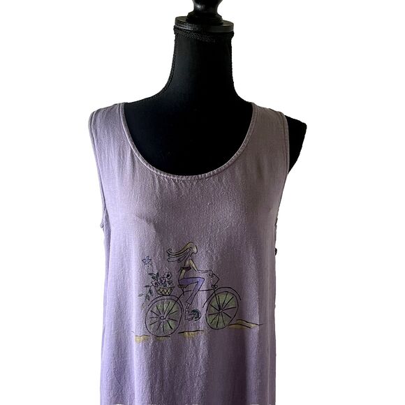 Sweet Jessie Vtg Linen Blend Maxi Sleeveless Dress Blue Beach Scene Paint Sz M - Picture 3 of 5